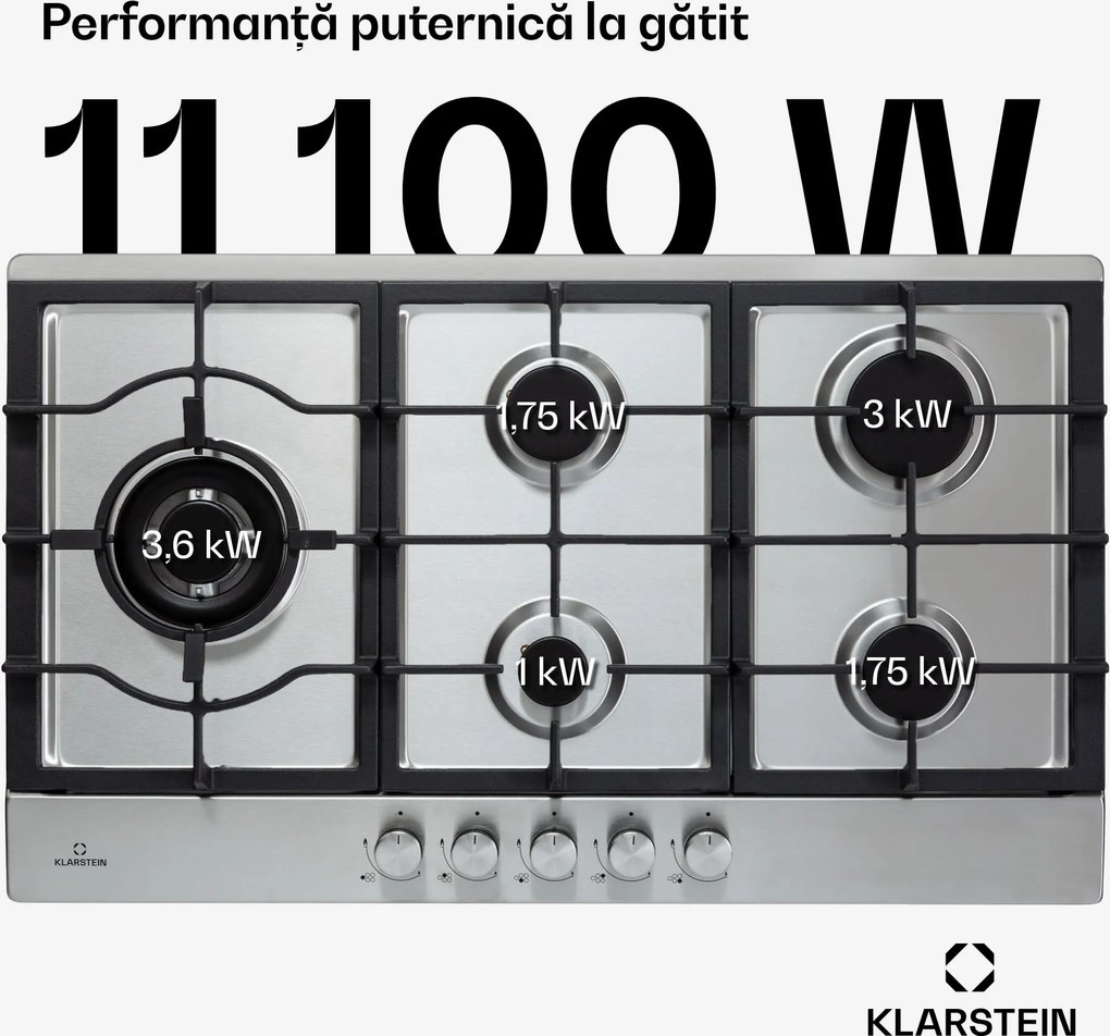 Klarstein Ignito Chef Edition, 5 zone, plită pe gaz, 5 arzătoare, arzătoare Sabaf, suprafață din sticlă ceramică