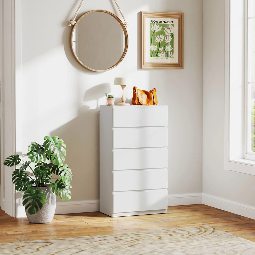 HOMCOM Comodă Sideboard Sertar, 5 sertare, 55 cm x 34 cm x 100 cm, Alb | Aosom Romania