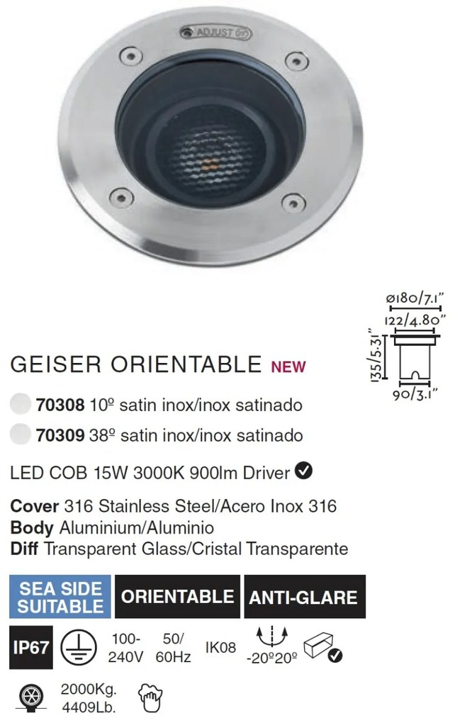 Spot LED orientabil / incastrabil de exterior pentru pavaj 18cm GEISER 15W