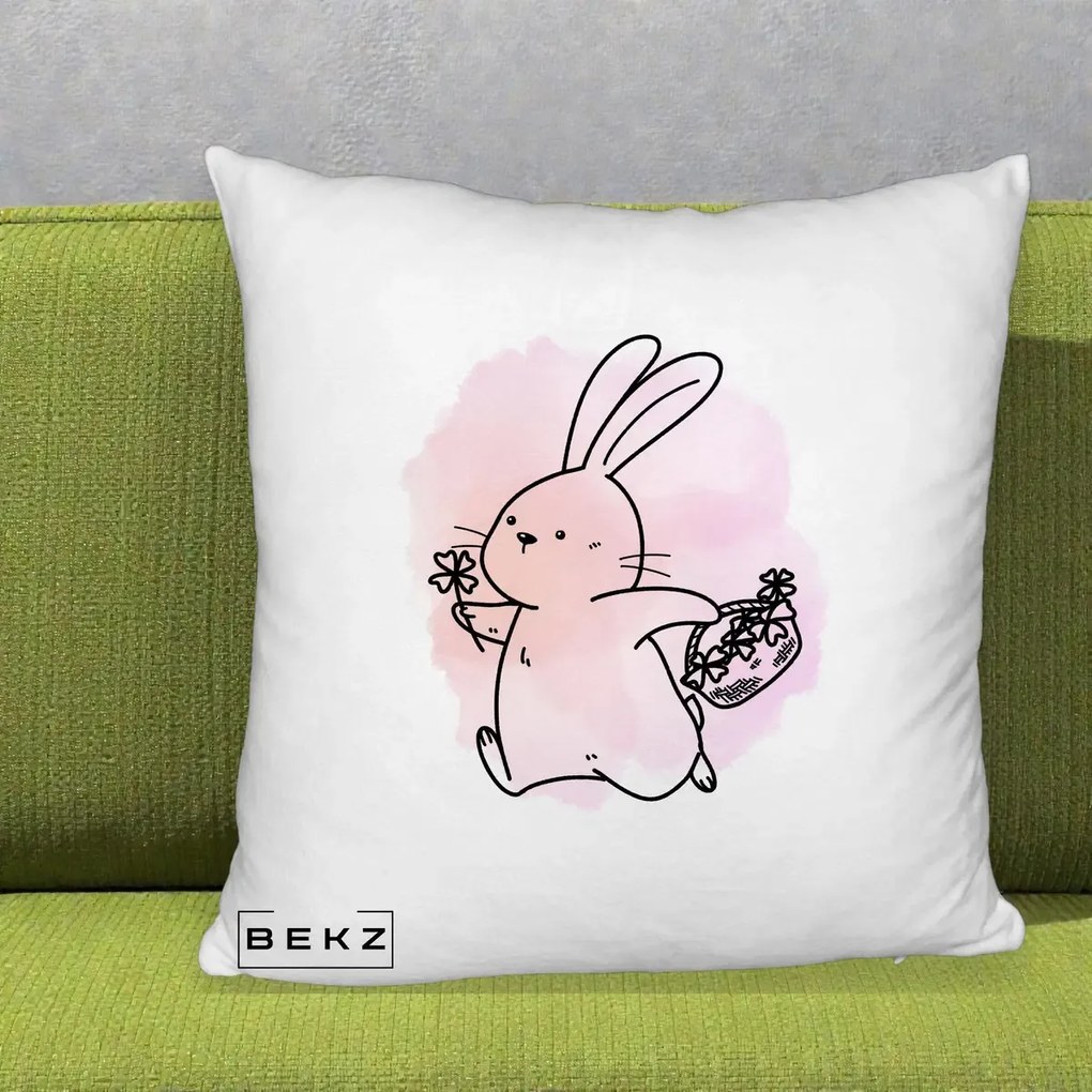 Perna Decorativa Iepuras Kawaii cu Cosulet Floral, 40x40 cm, Alb Pufos, Husa Detasabila, Perna Inclusa, BEKZ®