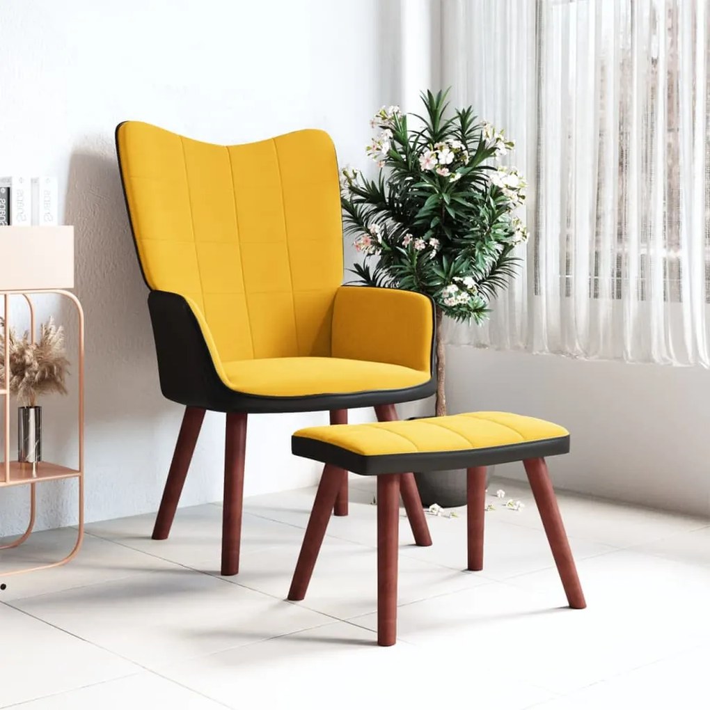327805 vidaXL Scaun de relaxare cu taburet, galben muștar, catifea și PVC