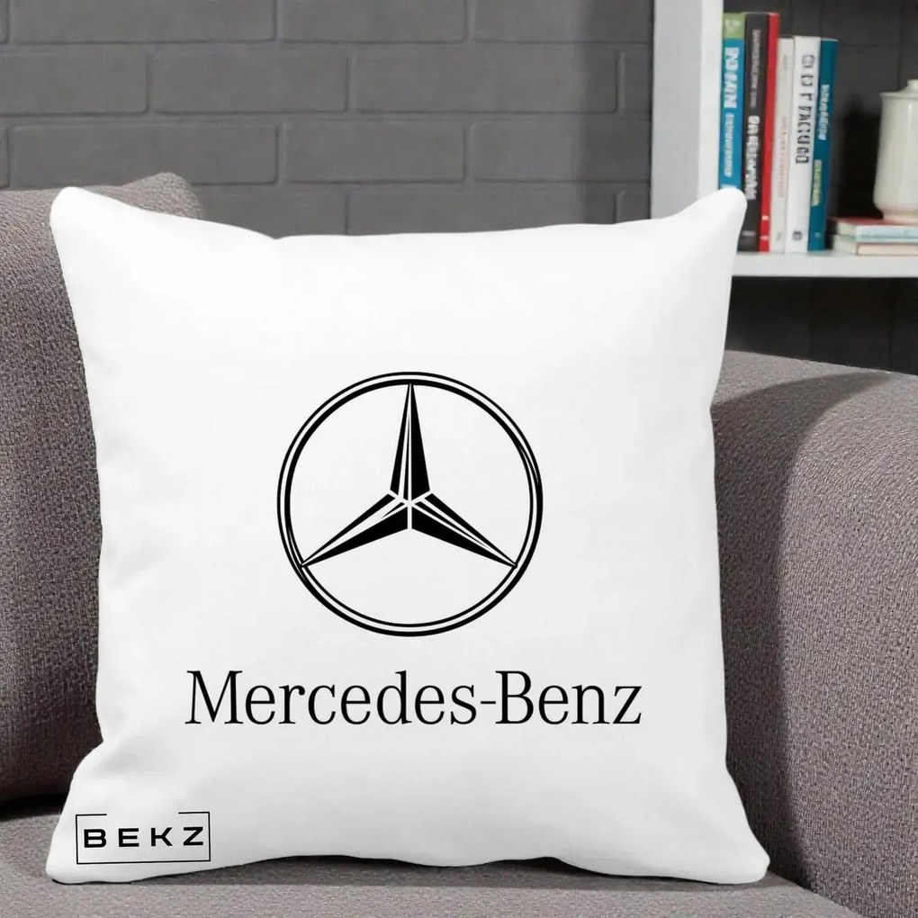 Perna Personalizata cu emblema Mercedes-Benz, 40x40 cm, Alba Mata, Husa Detasabila, Perna Inclusa, BEKZ®