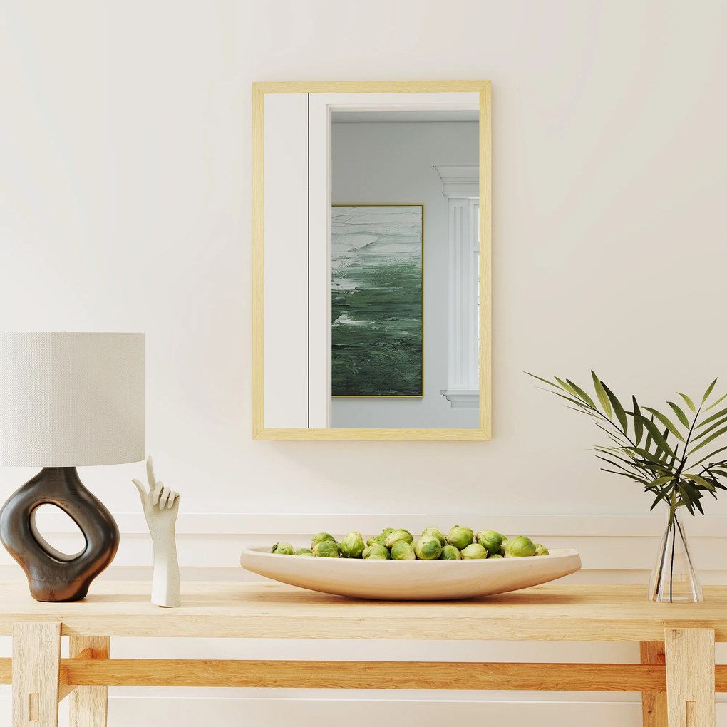 HOMCOM Oglindă murală rectangulară 60 x 40 cm, ramă din lemn natural, ideală pentru baie, living sau dormitor | Aosom Romania