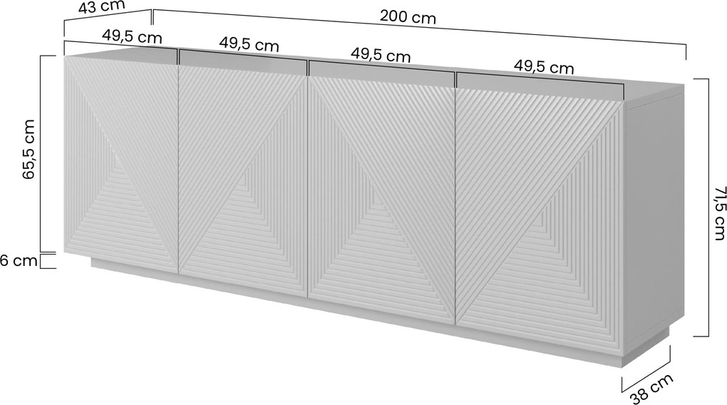 Comodă Asha 200 cm cu patru uși - alb mat