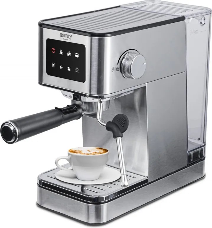 Aparat de espresso 7-în-1 Camry CR 4389, 1200 W, 20 bar, 1,7 l, control PID, panou LCD tactil, încălzire cești, extracție la rece, oțel inoxidabil