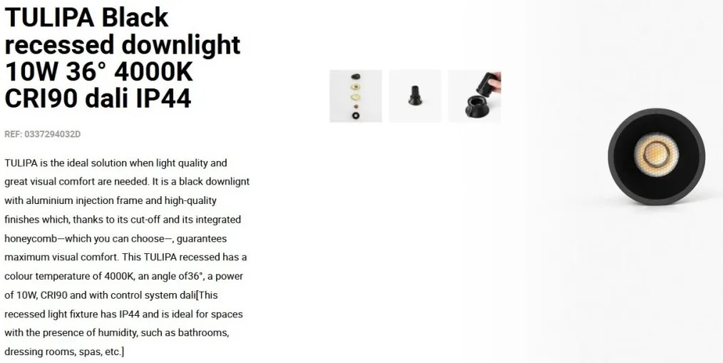 Spot LED incastrabil TULIPA Black recessed downlight 10W 36° 4000K CRI90 dali IP44