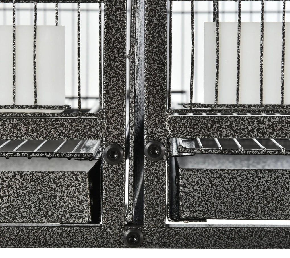 PawHut Colivie Dubla pentru Pasari din Metal cu Tavi Detasabile Suport cu 4 Roti si Raft,95x45.5x102cm, Neagra Gri | Aosom Romania