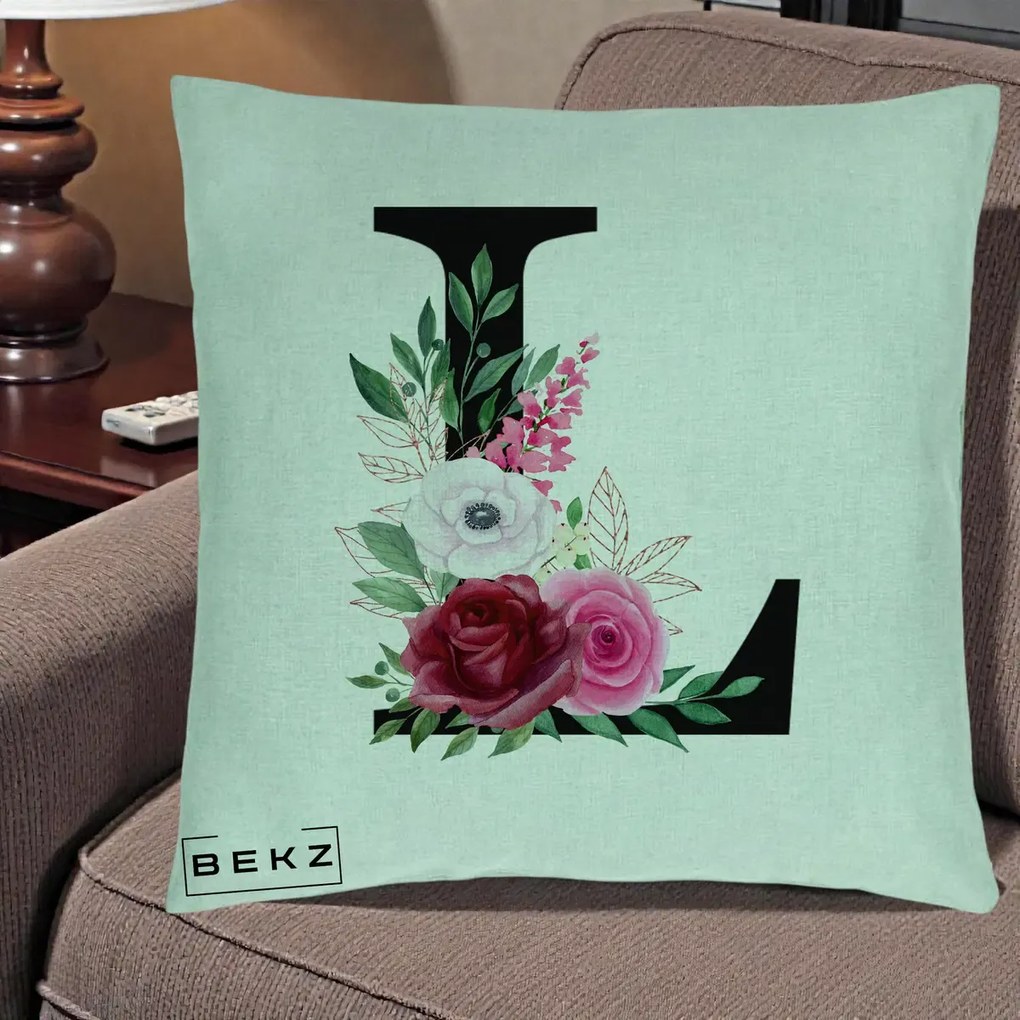 Cadou Personalizat - Perna Personalizata Monograma Florala Litera L, 40x40 cm, Verde Menta, Husa Detasabila, Perna Inclusa, BEKZ®