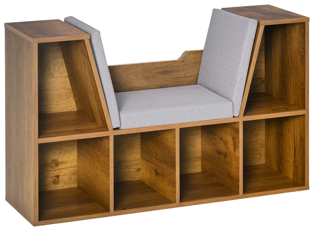 HOMCOM Bibliotecă-bancă 2 în 1 cu perne de șezut, etajeră cub cu 6 compartimente deschise, 102 x 30 x 61 cm, maro rustic | Aosom Romania