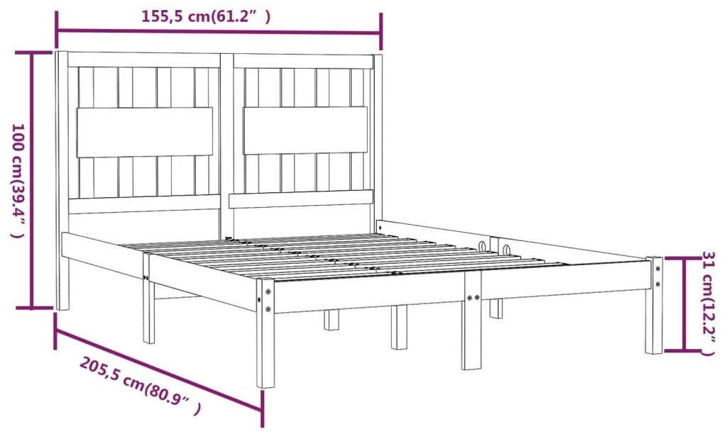 Cadru pat 5FT King Size, negru, 150x200 cm, lemn masiv de pin Negru, 150 x 200 cm