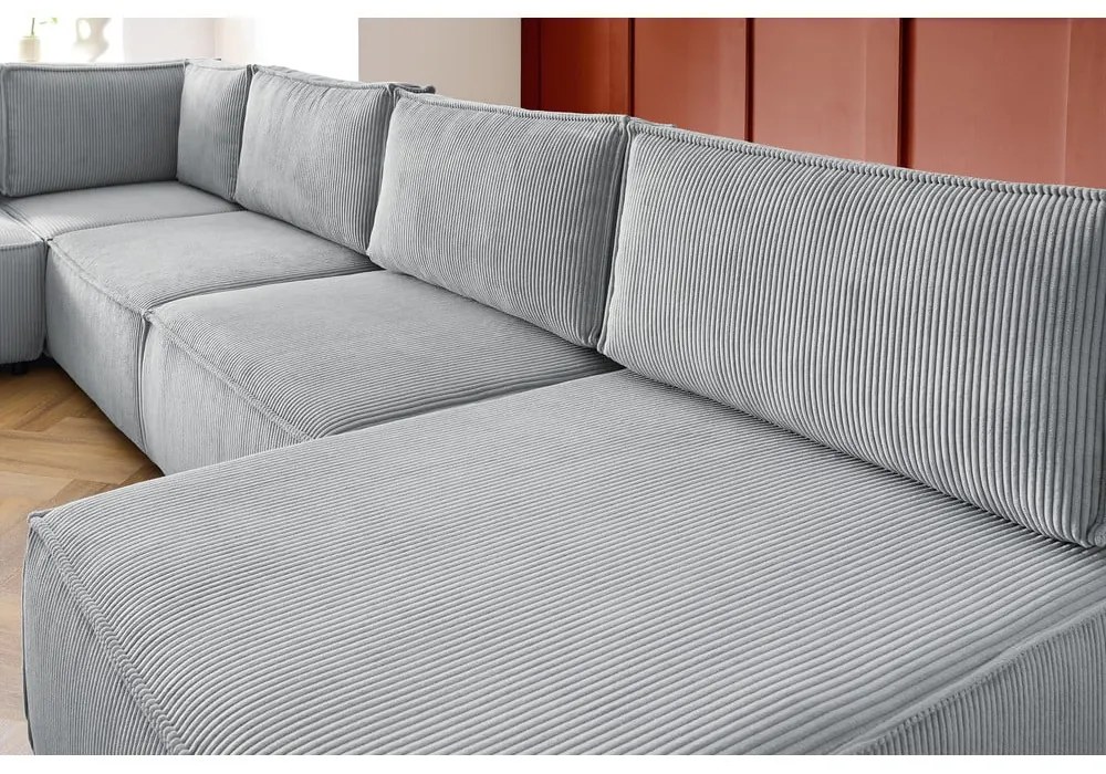 Colțar gri deschis cu tapițerie din catifea reiată (în formă de "U"/cu colț variabil) Nihad modular – Bobochic Paris