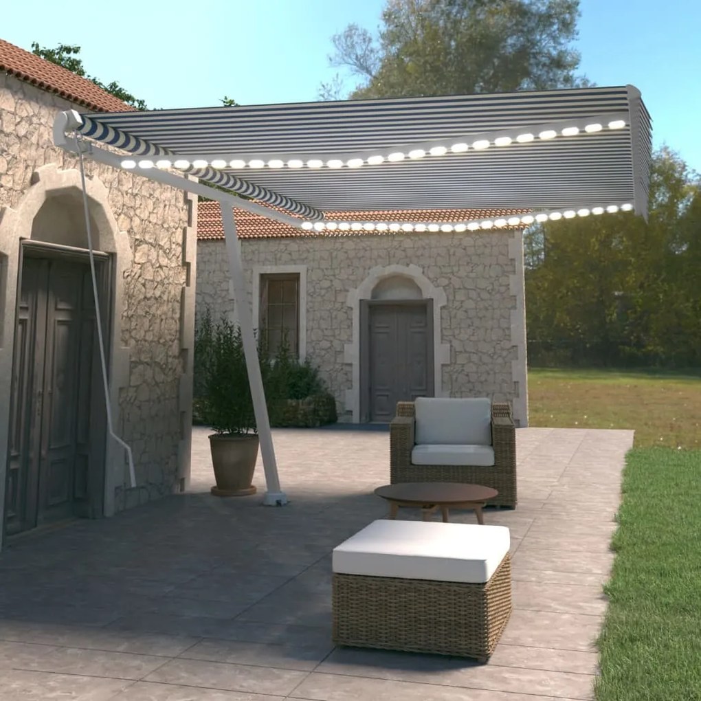 vidaXL Copertină retractabilă manual cu LED, albastru&amp;alb, 500x350 cm