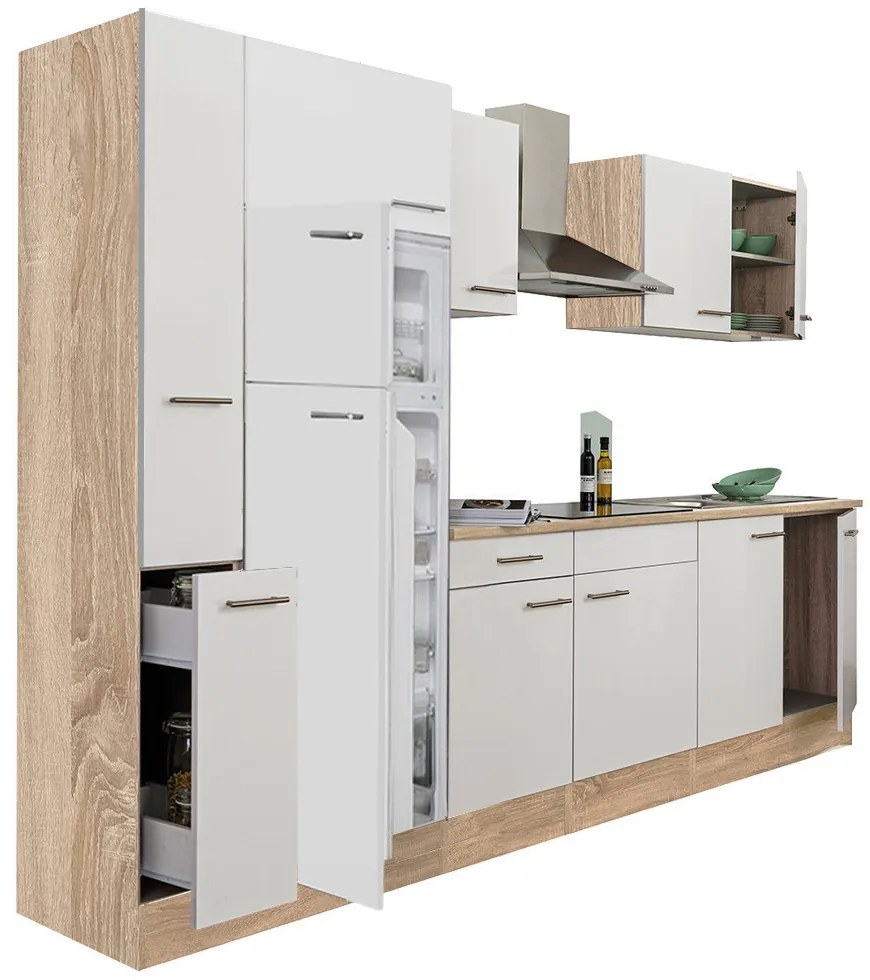 Mobilă de bucătărie Yorki 300, corp din stejar sonoma, față alb satinat, frigider cu congelator superior