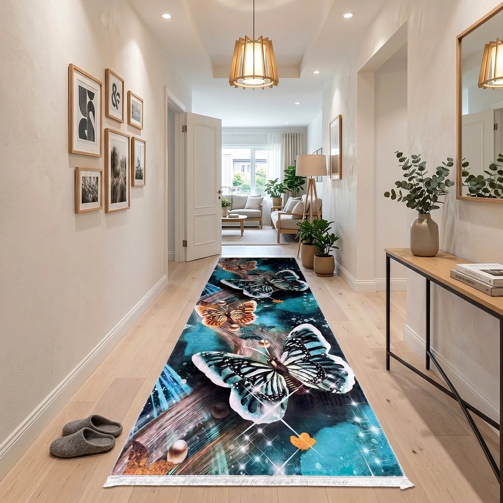 Traversă hol antiderapantă, 80x300 cm, model fluturi turcoaz, TRV2212