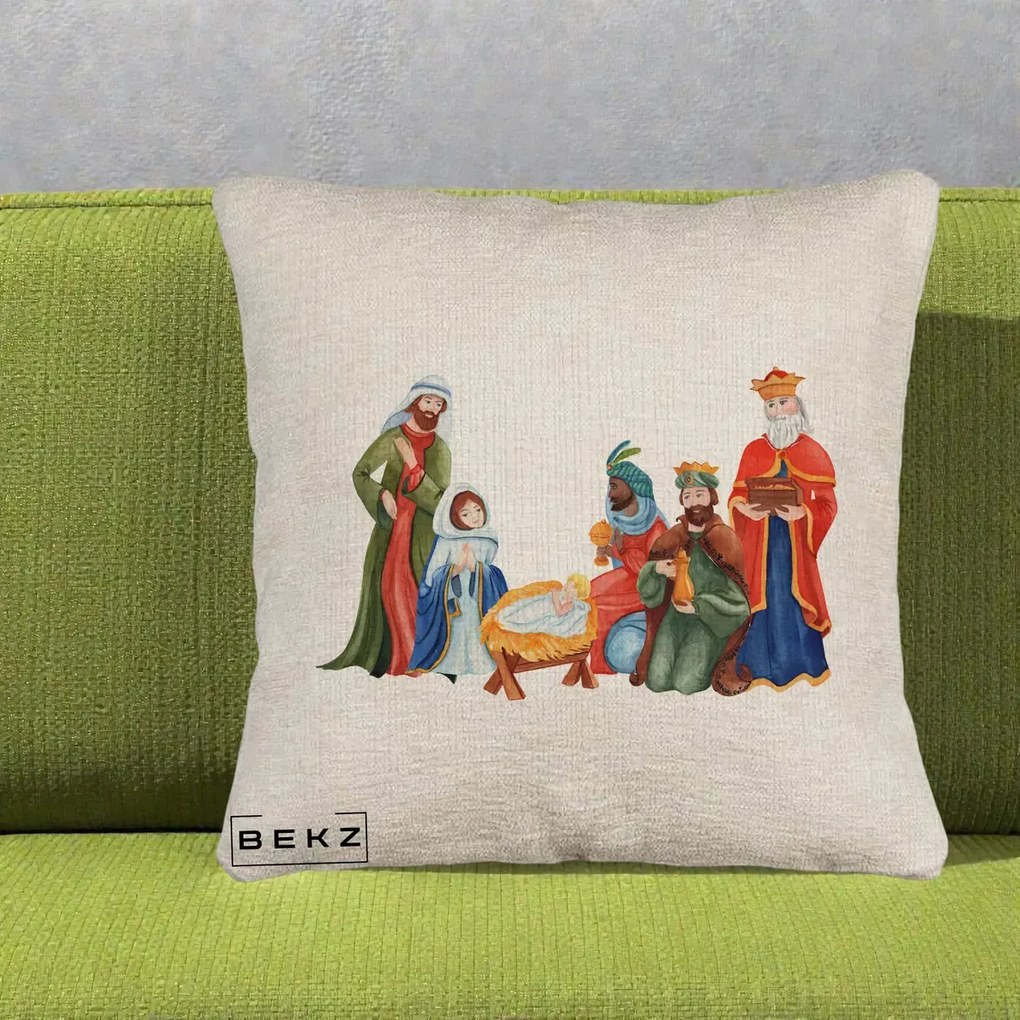 Perna Decorativa Nasterea Domnului Cei Trei Magi Acuarela, 40x40 cm, Bej Canapea, Husa Detasabila, Perna Inclusa, BEKZ®