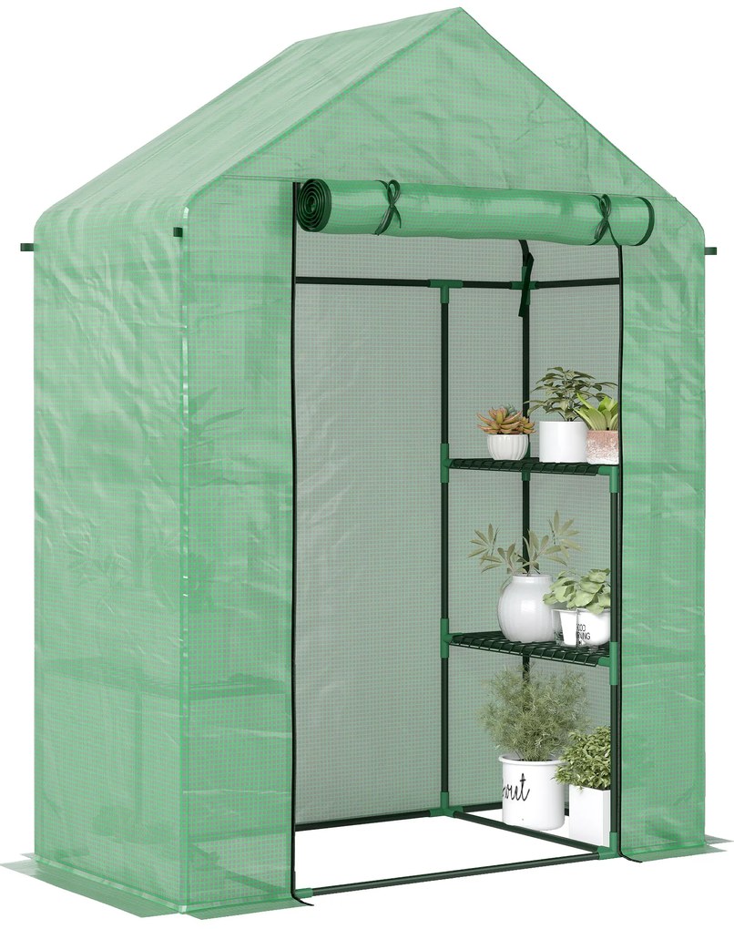 Outsunny Sera de Grădină din Oțel și Plastic PE cu 4 Rafturi, Frânghii și Țăruși Inclusi, 141x72x191 cm, Verde | Aosom Romania