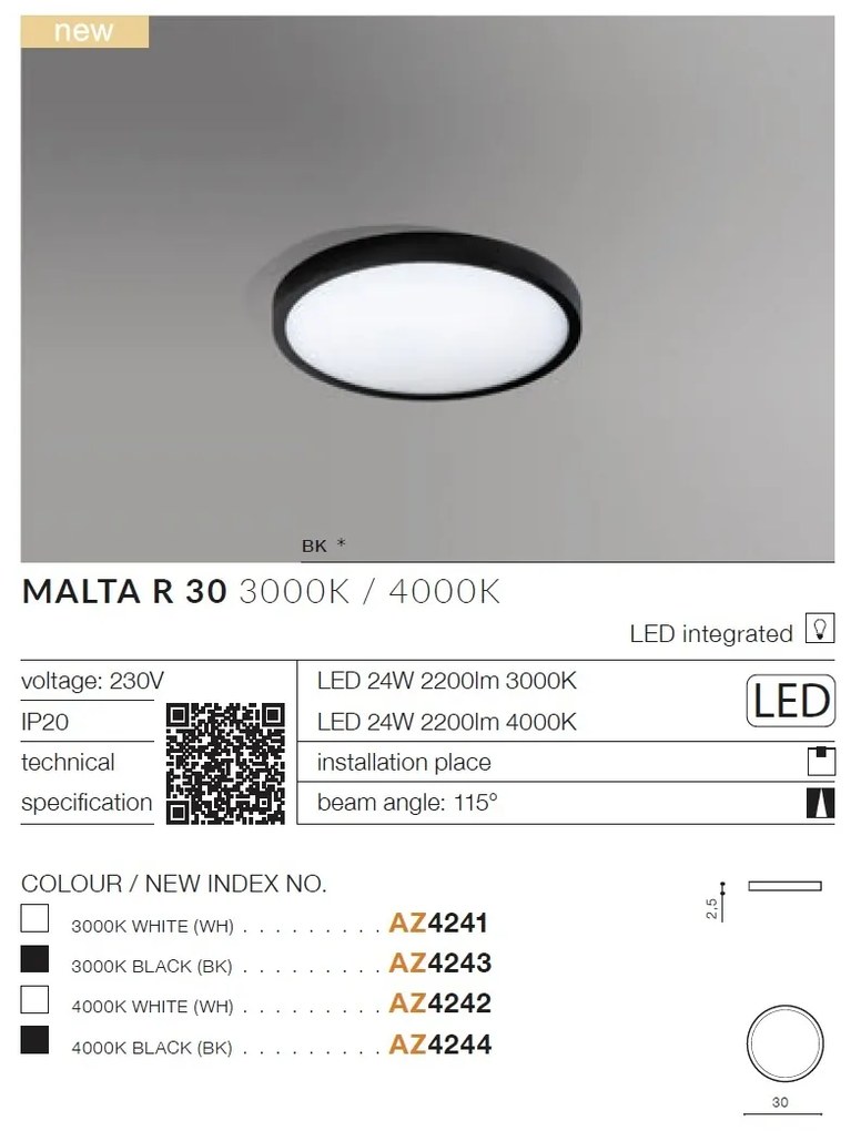 Plafoniera LED design slim MALTA R 30 3000K neagra