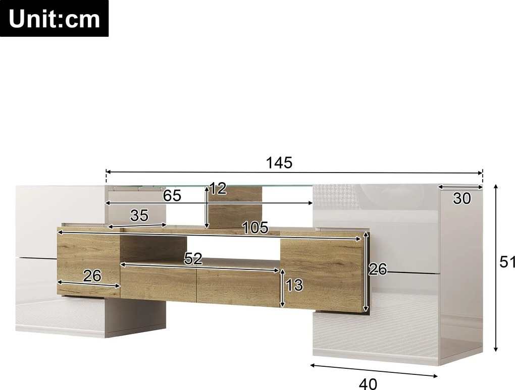 Dulap TV cu iluminare LED, suprafețe din sticlă, cu 6 uși, 2 sertare și 3 compartimente, 145x30x51 cm, Alb+Natur.