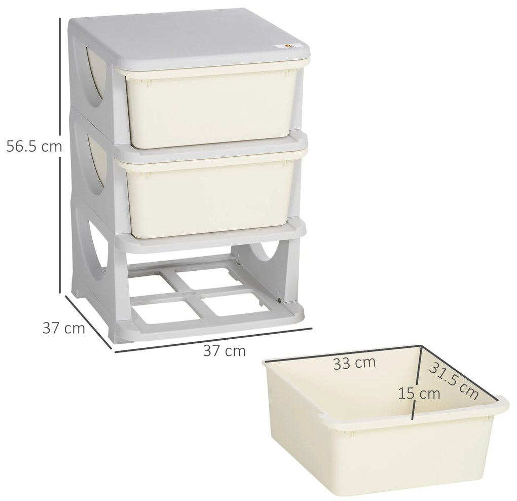 HOMCOM Cutii de depozitare pentru copii, 3 sertare mari, margini rotunjite, plastic, 37x37x56,5 cm, Crem | Aosom Romania