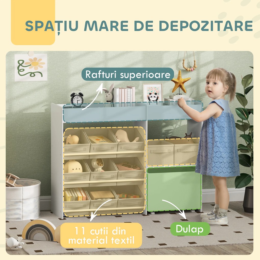 Mobilier AIYAPLAY pentru Jucării pentru Copii cu 11 Coșuri din Țesătură, Dulap și Rafturi, 105x30x80 cm, Alb | Aosom Romania