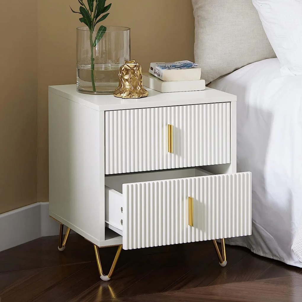 NOA29 - Set 2x Noptiere albe 40x40x47 cm, riflaje, cu sau fara Priza, cu 2 sertare, dormitor - Alb-Auriu