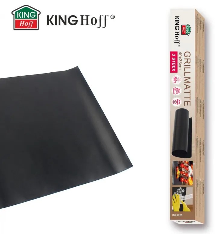 Set 3 paduri pentru copt Kinghoff KH 1920, Pentru gratar, Strat antiaderent PTFE, 40x33 cm, Rezistent la 200°C, Negru