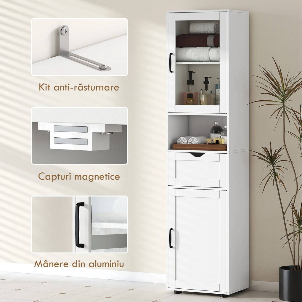 HOMCOM Mobilier de Baie Slim cu Dulapuri și Ușă din Sticlă, Mobilier Economizitor de Spațiu cu Raft Deschis, Sertar și Rafturi Ajustabile, Coloană Modernă, 40x30x165 cm, Alb | Aosom Romania