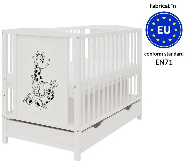 Patut din lemn masiv 120x60 cm Bria alb cu sertar, reglabil pe 3 nivele, certificat EN71