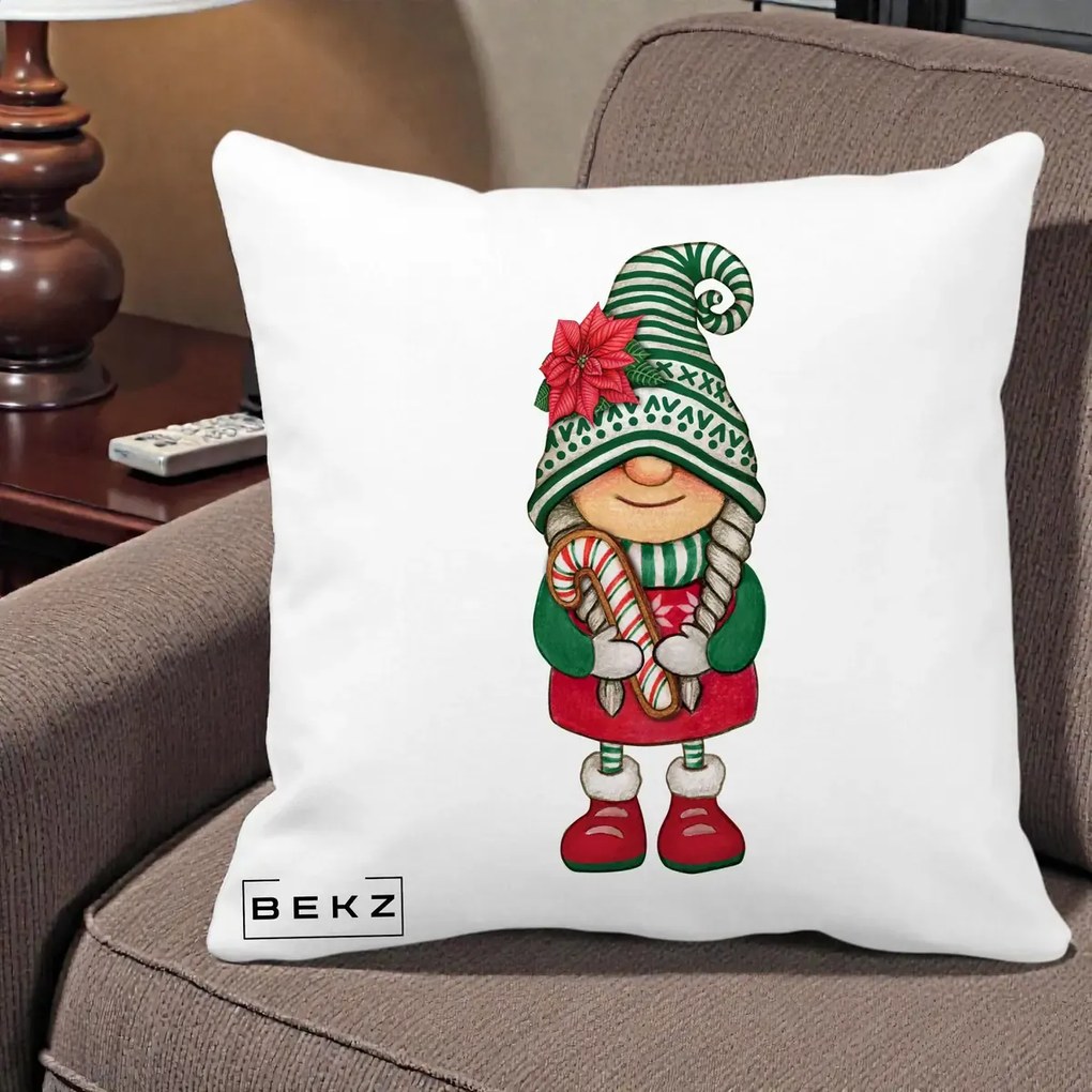 Perna Decorativa Gnom Craciun Verde cu Bomboane si Floare, 40x40 cm, Alba Mata, Husa Detasabila, Perna Inclusa, BEKZ®