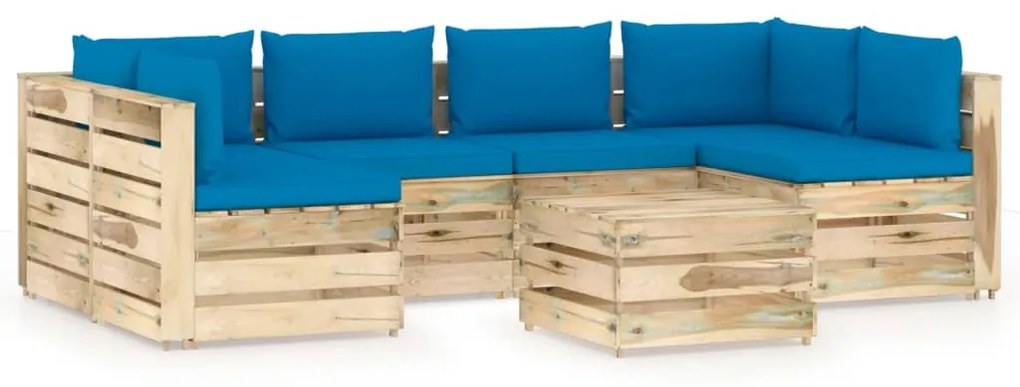 Set mobilier de gradina cu perne, 7 piese, lemn verde tratat light blue and brown, 7