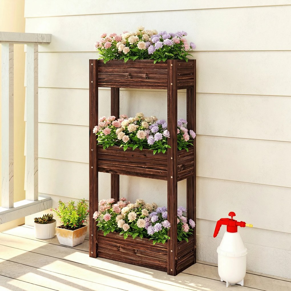 Outsunny Bac pentru plante ridicat jardinieră pe picioare 3 niveluri orificii de drenaj și căptușeală 60 x 25 x 120 cm, Maro | Aosom Romania