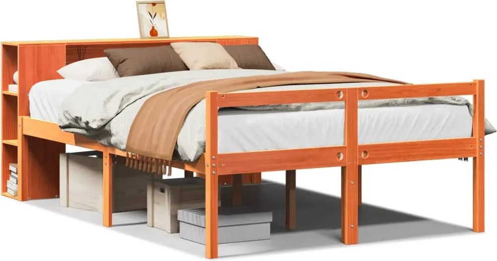 vidaXL Pat cu bibliotecă fără saltea maro ceruit 140x200 cm lemn masiv
