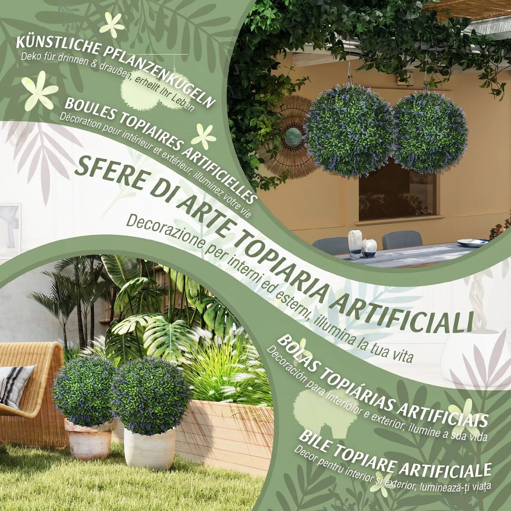 HOMCOM Set de 2 Plante Artificiale Sferice cu Flori de Lavandă, Ø42 cm, Violet | Aosom Romania