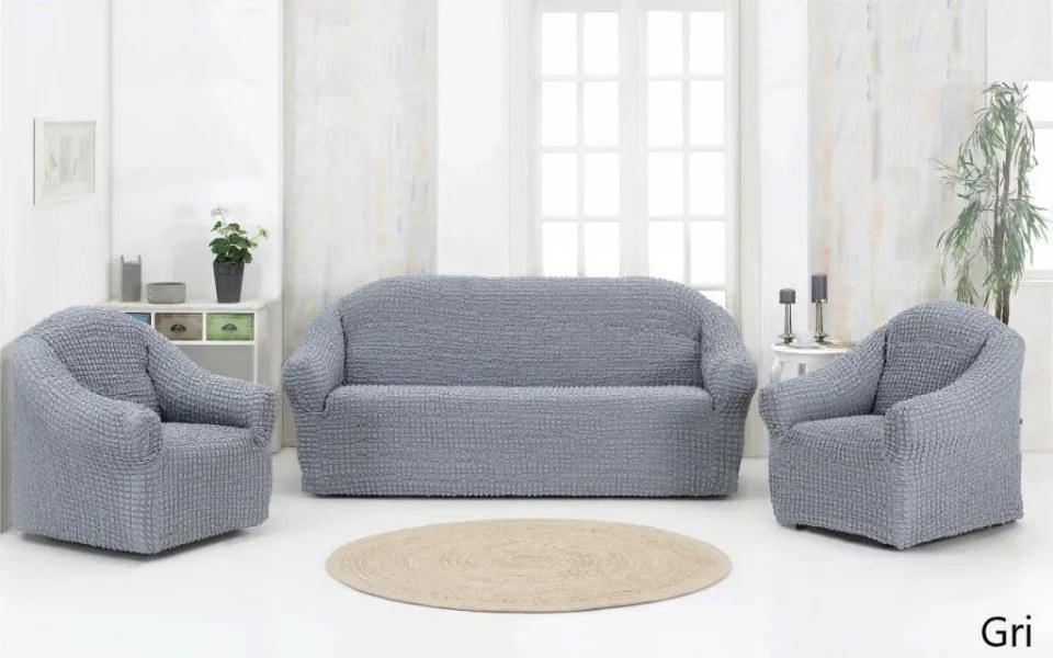 Set huse elastice si creponate pentru canapea 3 locuri si 2 fotolii, fara volanas, culoare Gri
