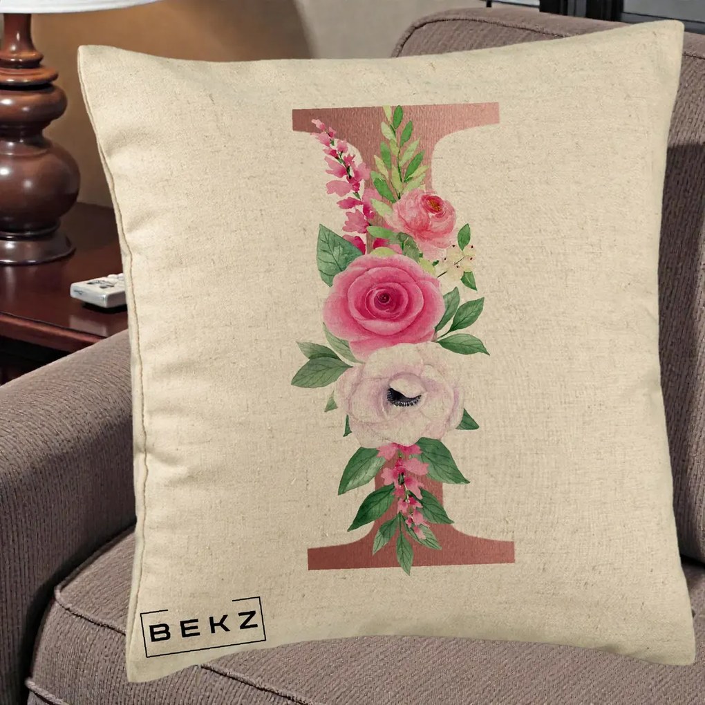 Cadou Personalizat - Perna Personalizata Monograma Rose Gold Litera I, 40x40 cm, Bej, Husa Detasabila, Perna Inclusa, BEKZ®