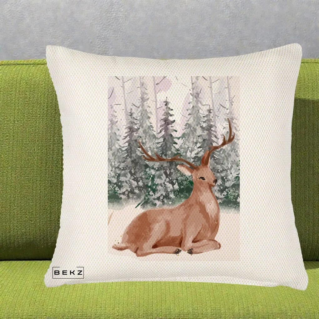 Perna Decorativa Ren in Padure Roz Moale, 40x40 cm, Crem Reliefat, Husa Detasabila, Perna Inclusa, BEKZ®