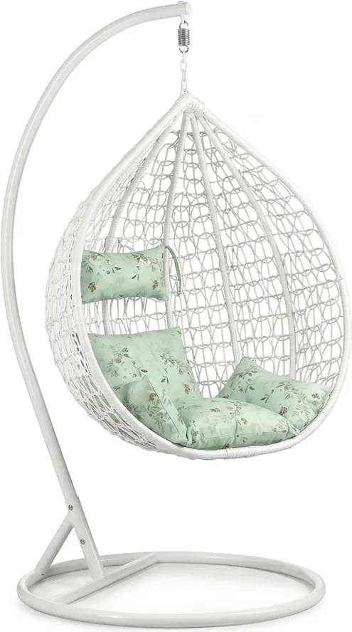 Scaun suspendat alb KOKON cu suport, perna verde deschis cu model