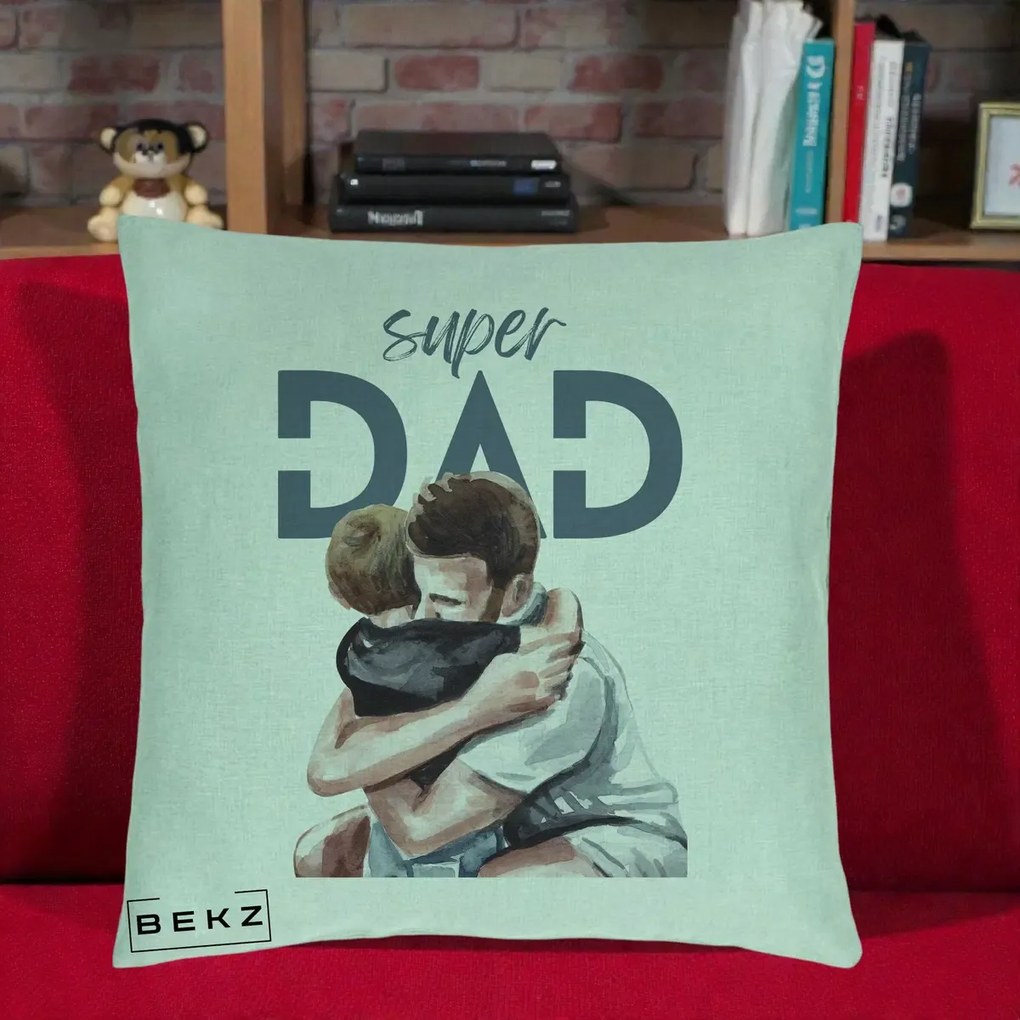 Cadou pentru Tata - Perna Personalizata Super Dad Tata si Fiu Imbratisare, 40x40 cm, Verde Menta, Husa Detasabila, Perna Inclusa, BEKZ®