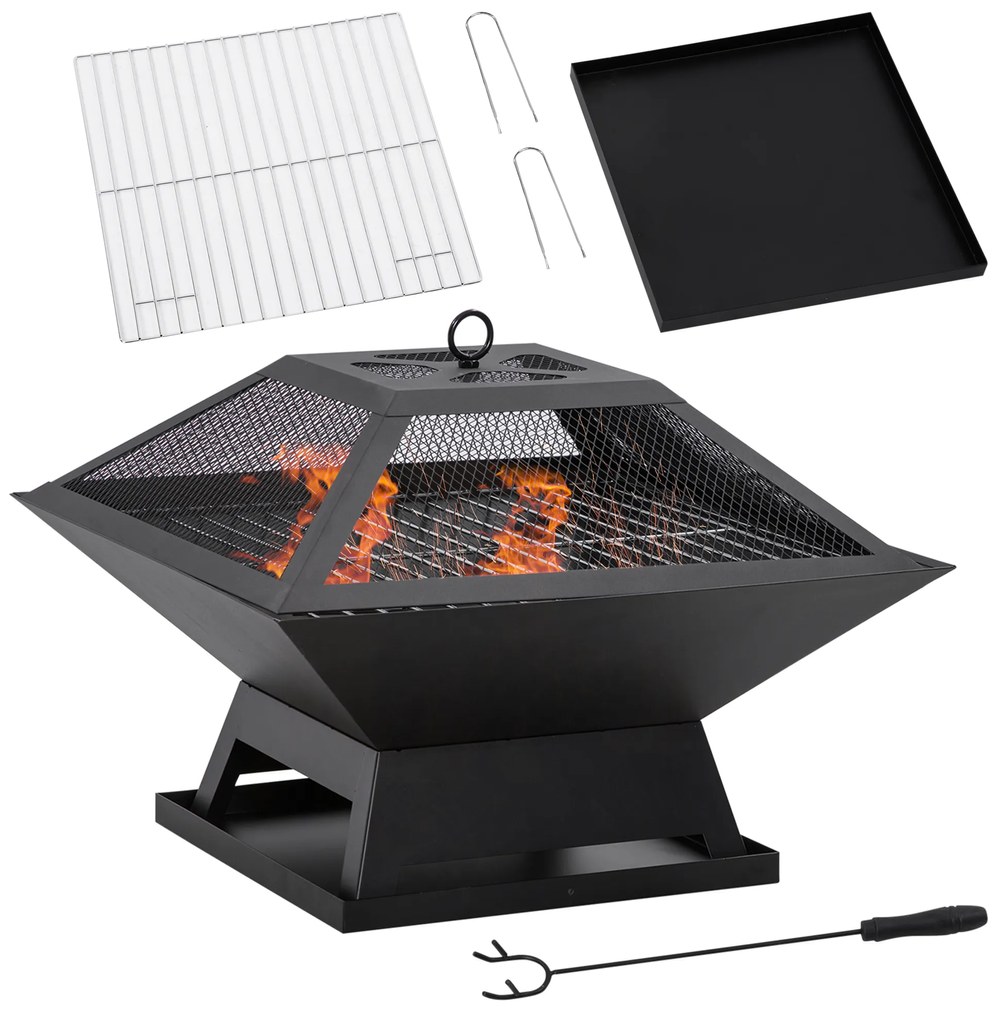 Outsunny Grătar 45 x 45 x 34cm din oțel inoxidabil cu protectie împotriva scânteilor și cârlig pentru grătar pentru grădină, balcon, BBQ camping negru | Aosom Romania