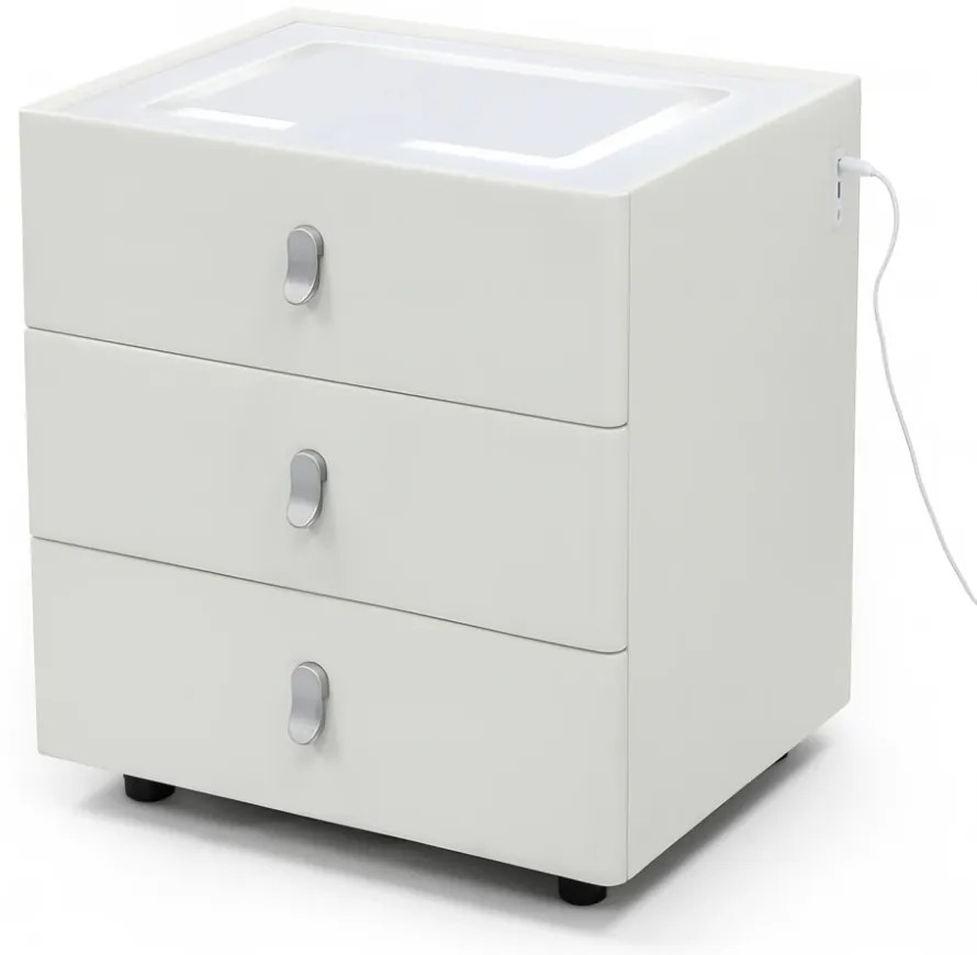 Noptieră inteligentă, încărcare Wireless și port USB+USB C, 3 sertare, 3 tipuri de iluminare LED touch, 3 tipuri de culoare, sticla securizata, Alb