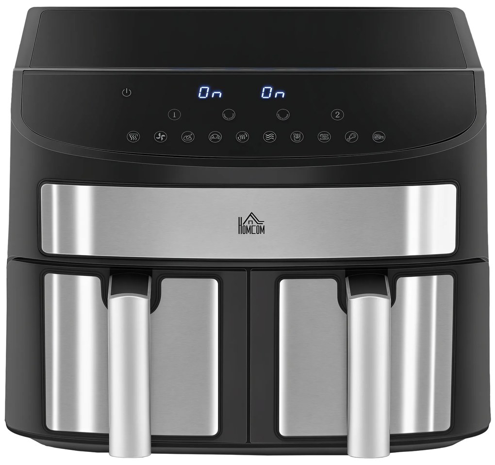 HOMCOM Friteuză cu Aer Cald cu Vas Dublu, Friteuză fără Ulei cu Ecran Tactil LED, Temporizator și Temperatură Reglabilă, 38.8x36.3x31.1 cm, Negru