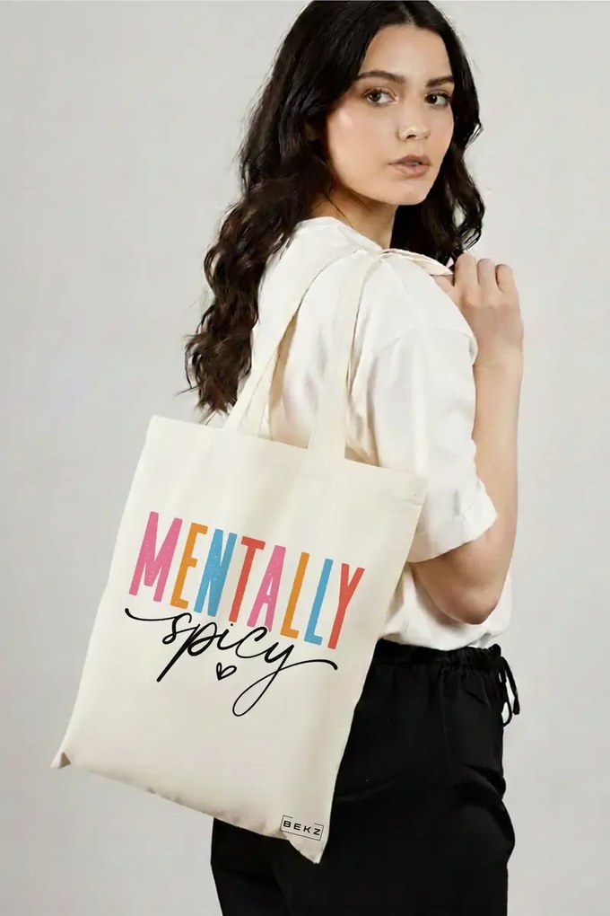 Sacosa de Panza pentru Cumparaturi, Geanta Tote, model Mentally spicy 38 x 34.5 cm, Alba, BEKZ®