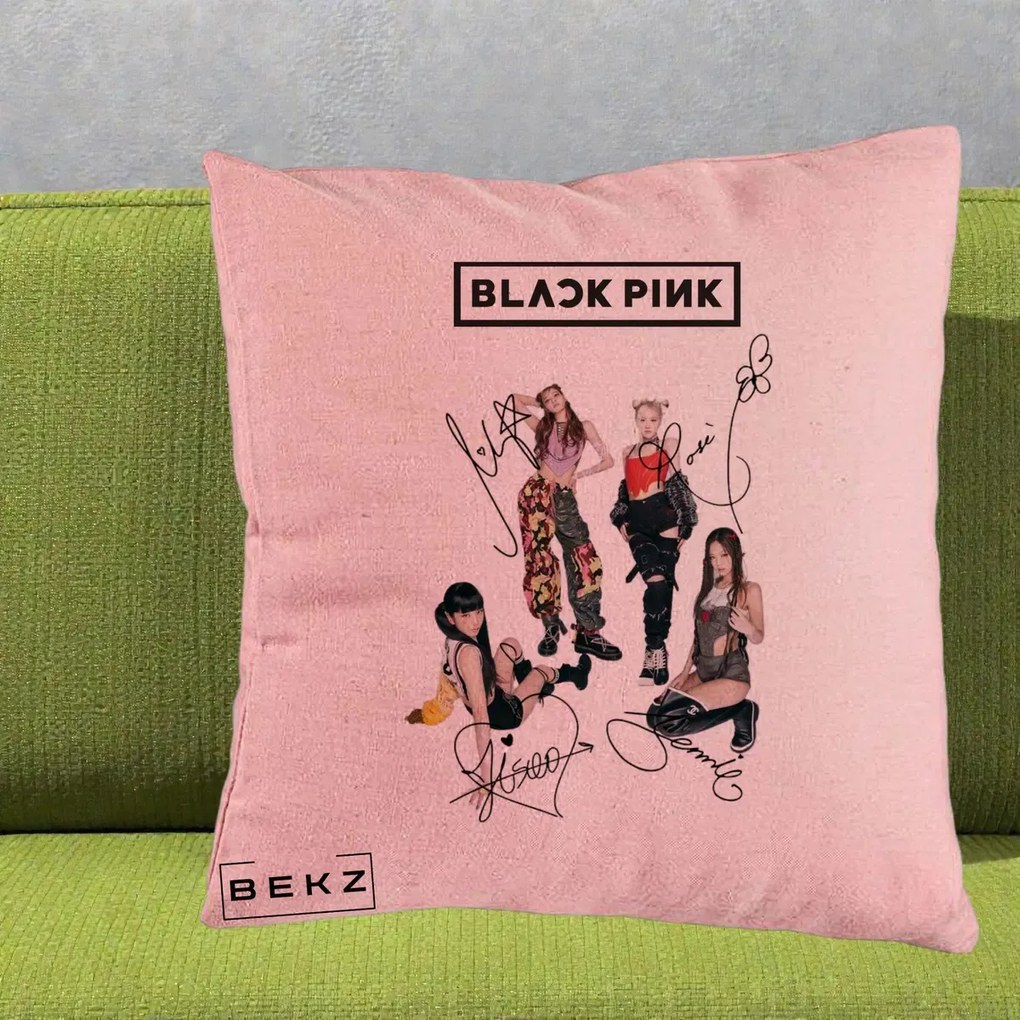 Perna Personalizata K-pop BLACKPINK Fotografie Grup Autografe Toate Membre, 40x40 cm, Roz, Husa Detasabila, Perna Inclusa, BEKZ®