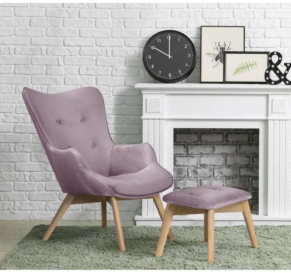 Fotoliu cu taburet mov lavandă cu tapițerie din catifea Niko – Ropez
