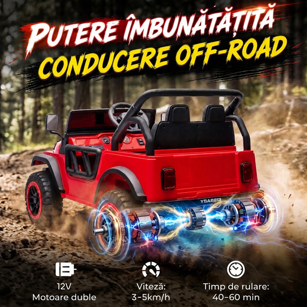 AIYAPLAY Mașină Electrică pentru Copii 3+ Ani, 12V, cu 2 Motoare, Telecomandă, USB, Muzică și Claxon, 3-5 km/h, Roșu | Aosom Romania