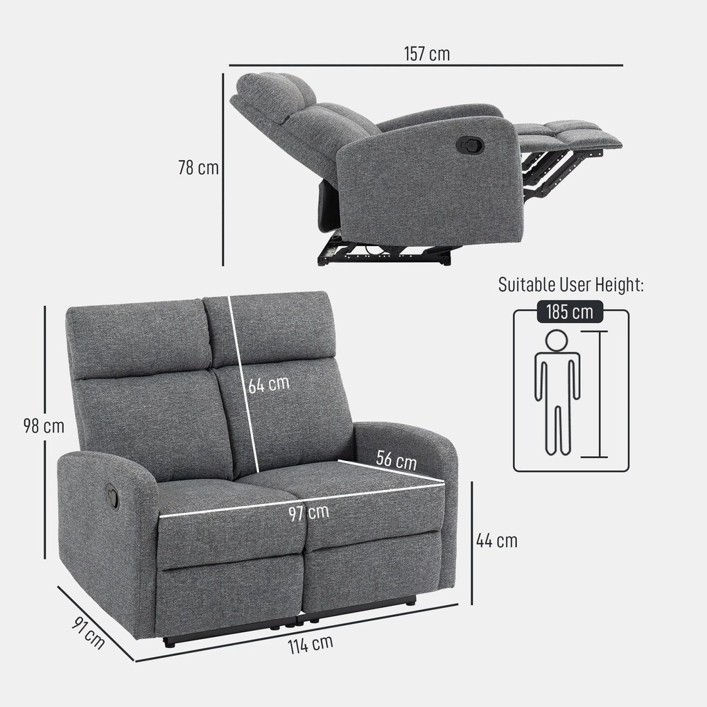 HOMCOM Sofa cu 2 locuri, spătare reglabile individual, suport de picioare, material textil, oțel, Gri | Aosom Romania