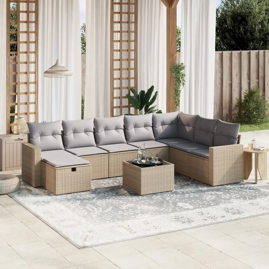 vidaXL Set canapele de grădină, 9 piese, cu perne, bej, poliratan