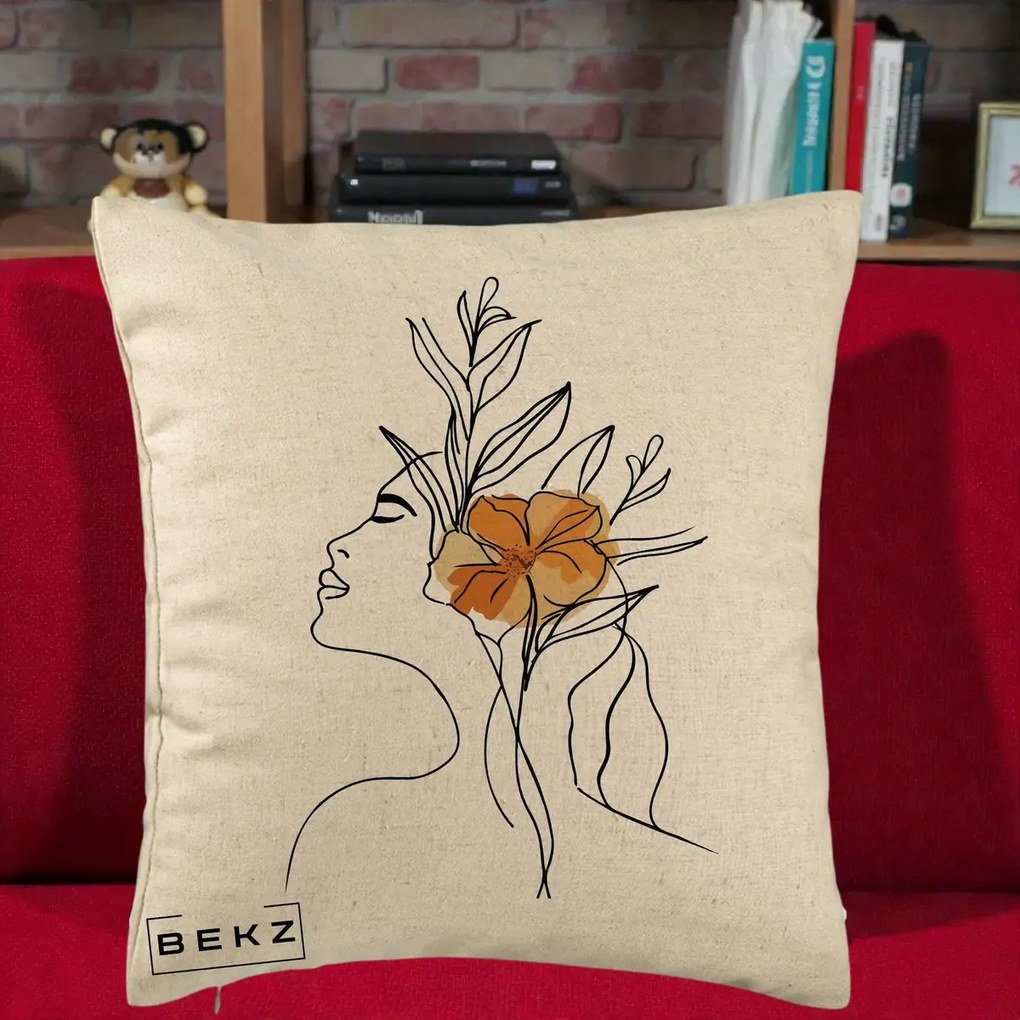 Perna Decorativa Portret Feminin Floare Portocalie Lateral, 40x40 cm, Bej, Husa Detasabila, Perna Inclusa, BEKZ®