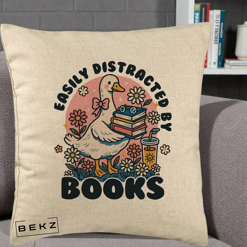Perna Personalizata Easily Distracted by Books, 40x40 cm, Bej, Husa Detasabila, Perna Inclusa, BEKZ®