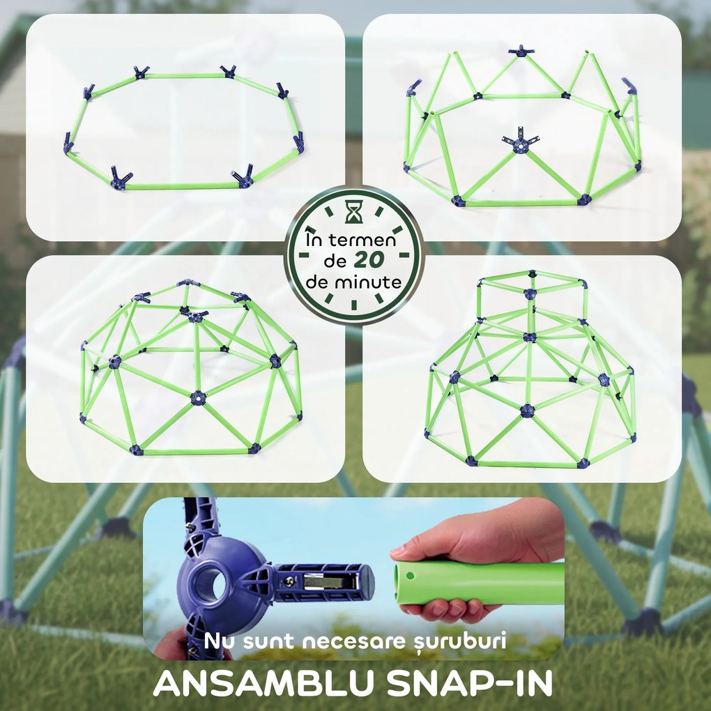 AIYAPLAY Cupolă de Cățărat pentru Copii 3-8 Ani, pentru Interior și Exterior, cu Margini Netede, din Plastic, 182,5x182,5x119 cm, Verde și Violet | Aosom Romania